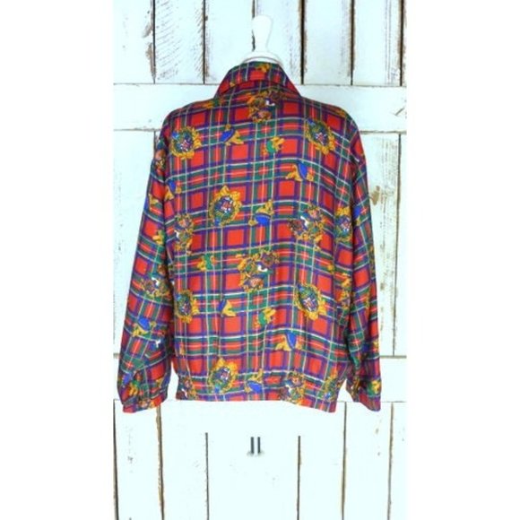 Vintage red blue checker plaid crest medallion print silk windbreaker - Picture 4 of 6